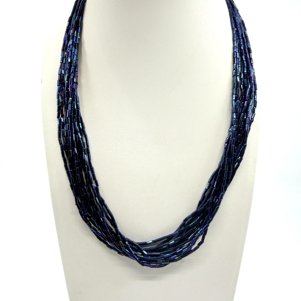 Vintage Iridescent Blue Multi Strand Bead Necklace Boho Chic Statement